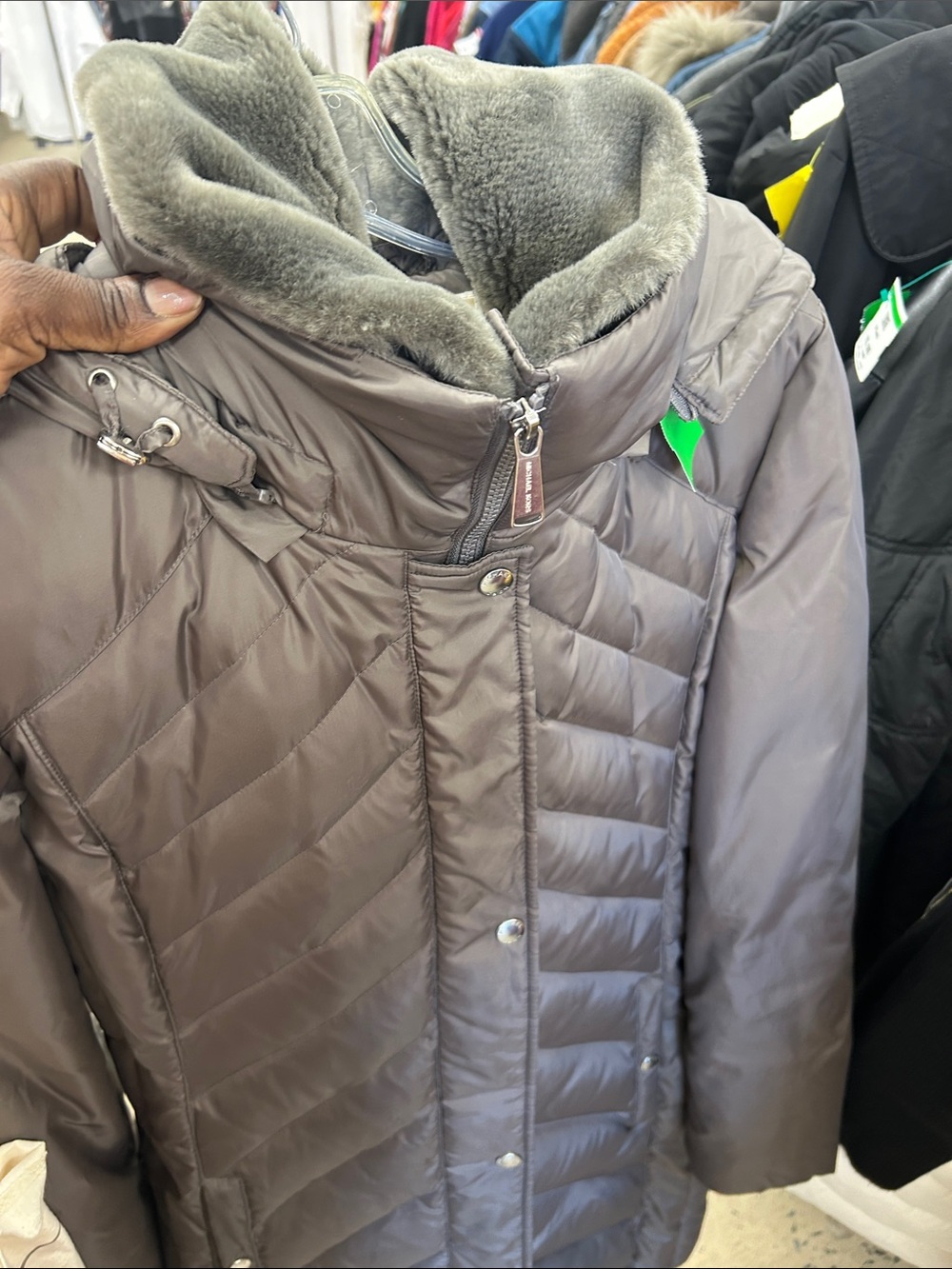 Michael Kors Gray Quilted Puffer Coat with Faux Fur Collar